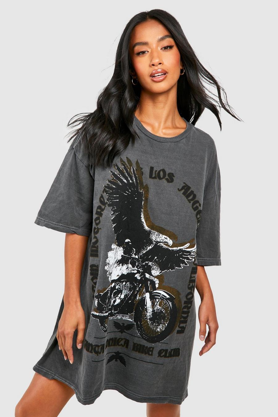 Charcoal grey Petite Motorcycle Slogan Oversized Washed Tshirt Dress