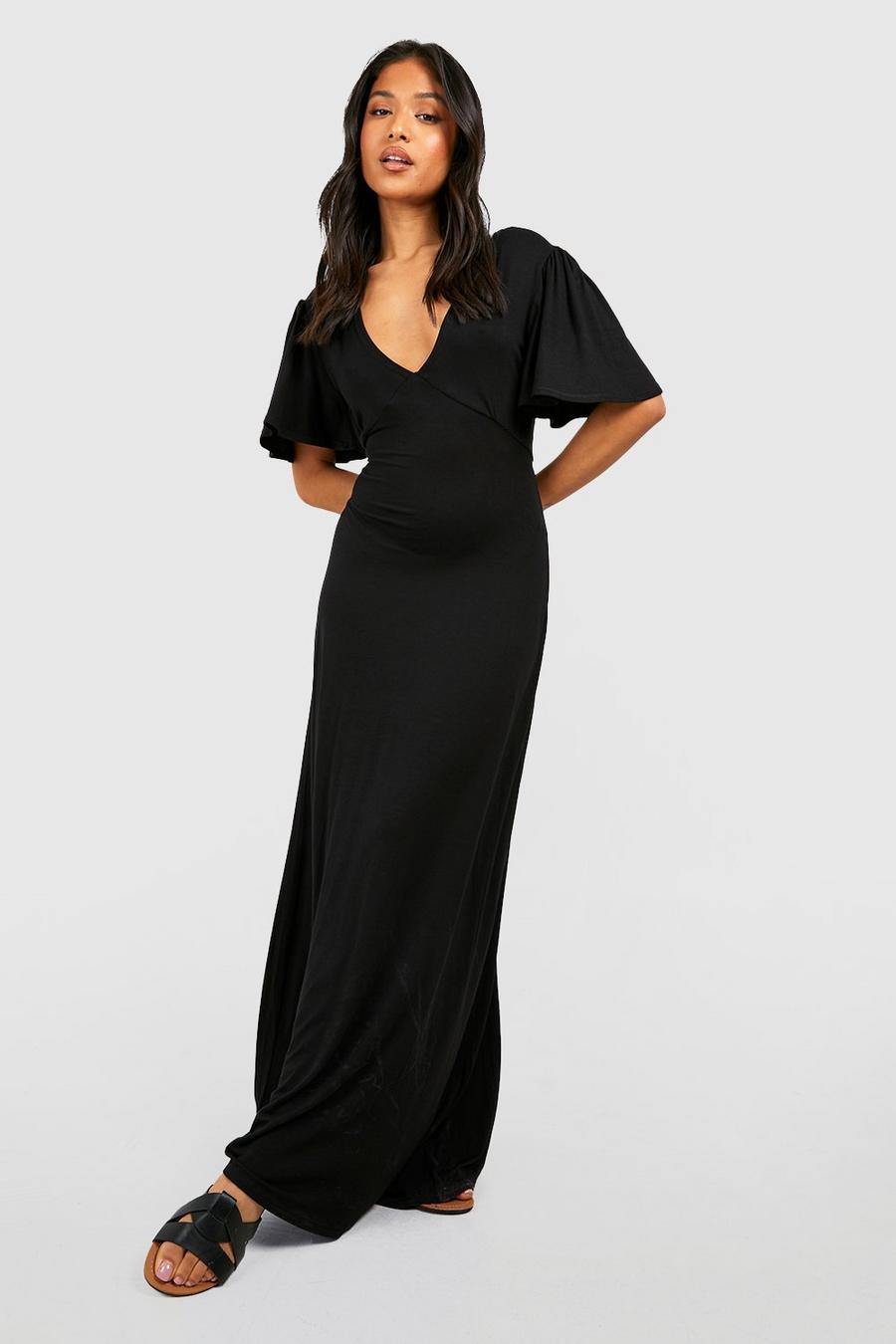 Black svart Petite V Front Angel Sleeve Maxi Dress 