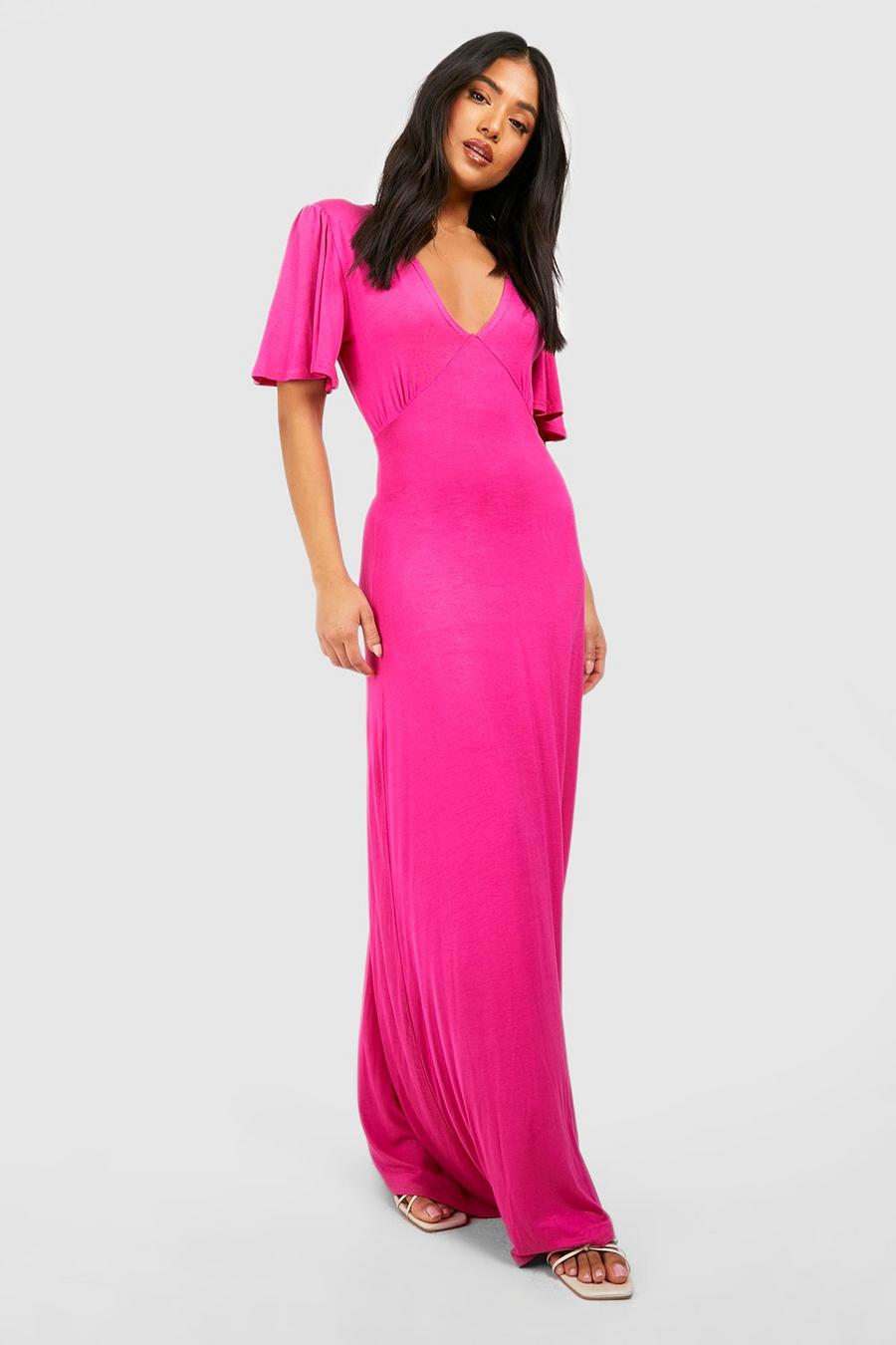 Hot pink Petite V Front Angel Sleeve Maxi Dress  image number 1