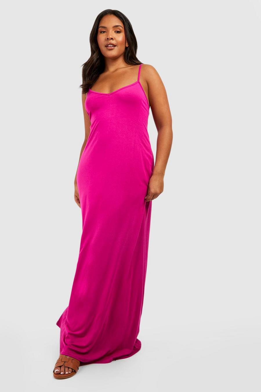 Hot pink Plus Jersey Knit Strappy V Neck Maxi Dress