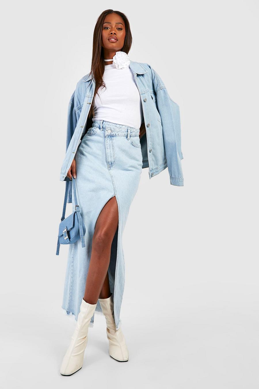Light blue Asymmetric Hem Split Front Denim Maxi Skirt image number 1