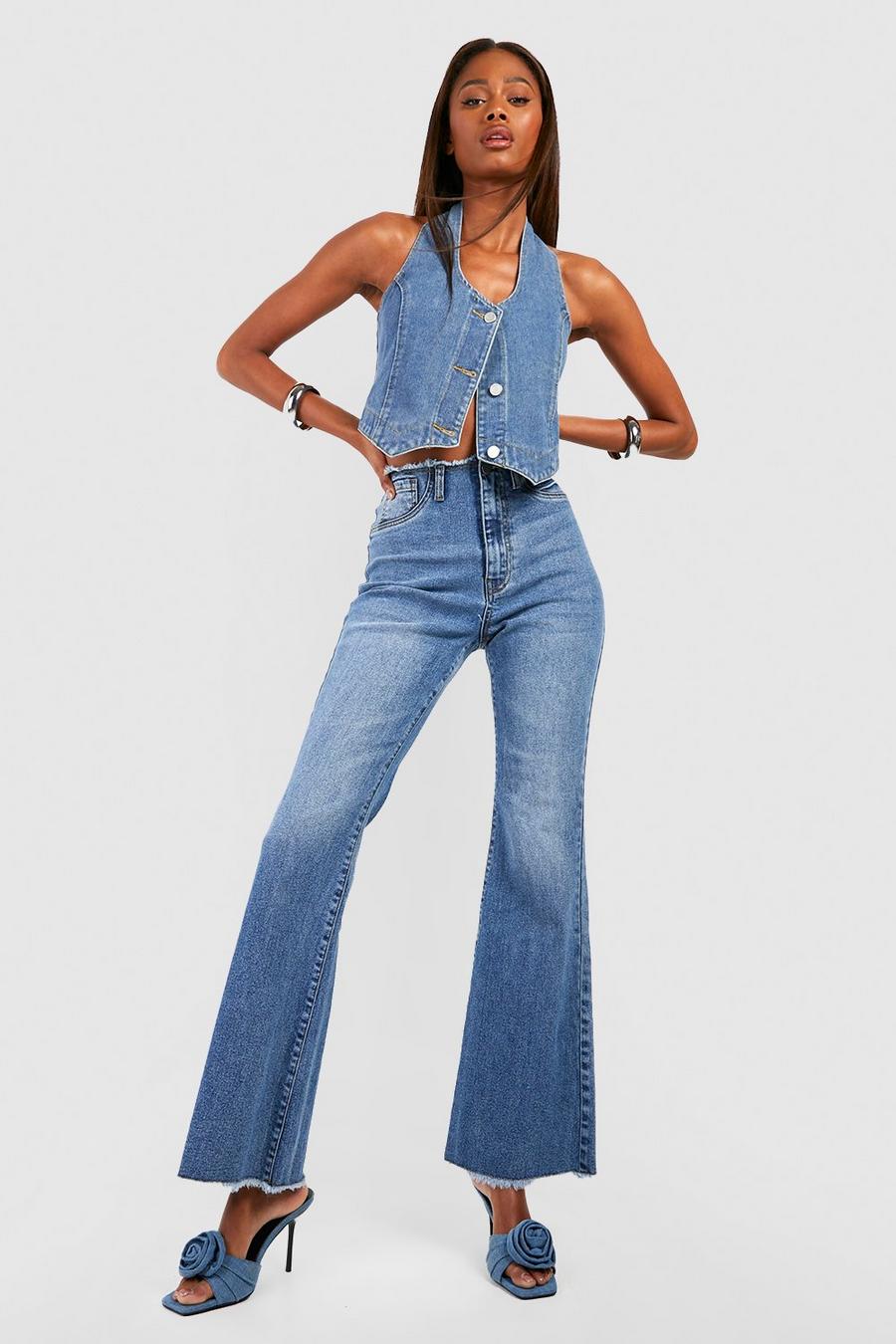 Mid blue Fray Waistband Stretch Flares image number 1