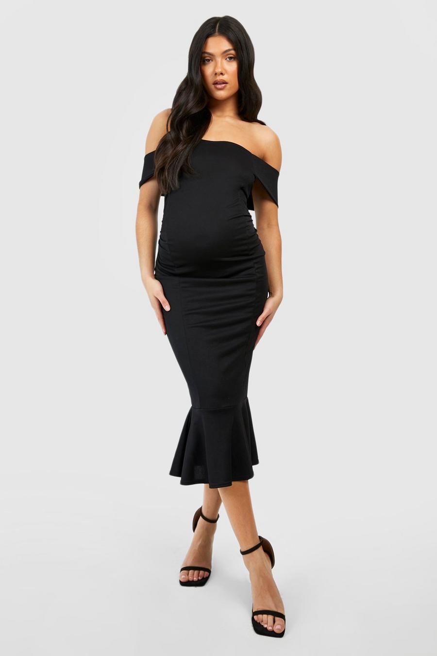 Black Maternity Bardot Frill Hem Midi Dress