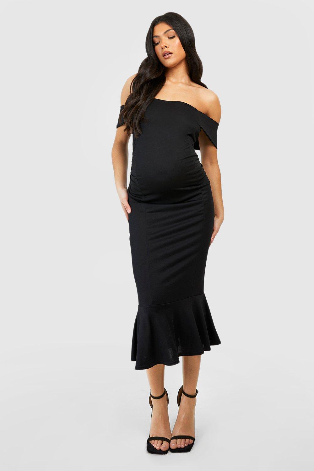 Black bardot frill hem midi dress hotsell