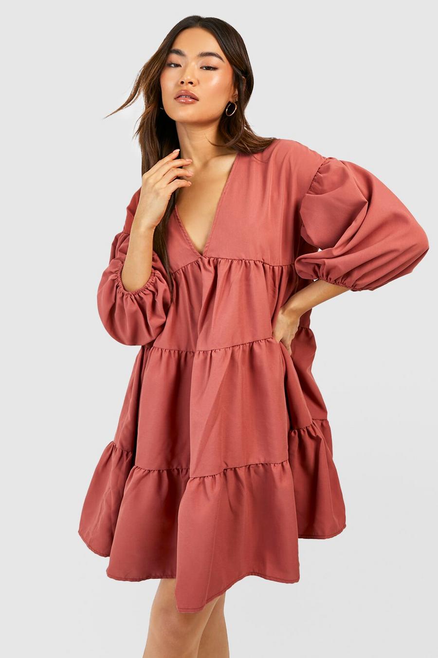 Tan Tiered Oversized Smock Dress image number 1
