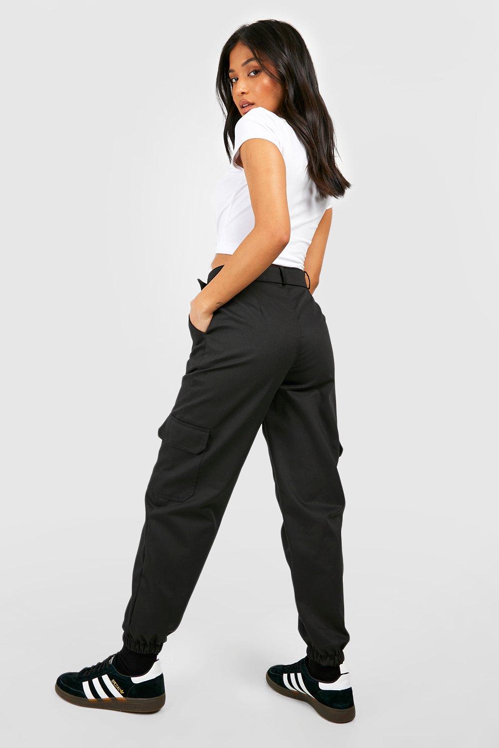 Women s Petite Eyelet Belted Cargo Cuffed Jogger Boohoo UK