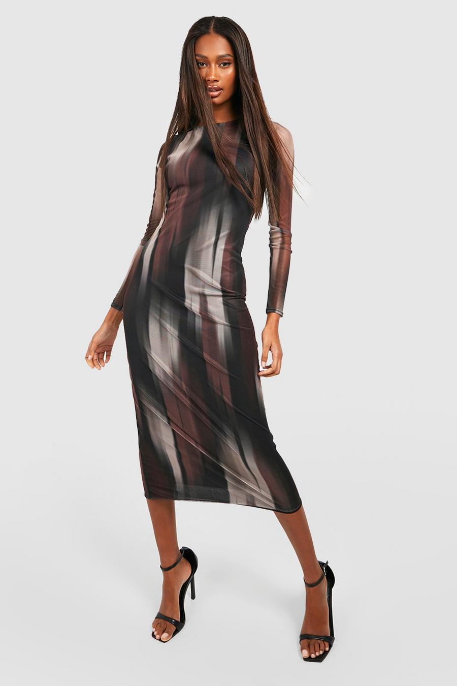 Black Abstract Mesh Long Sleeve Midaxi Dress image number 1