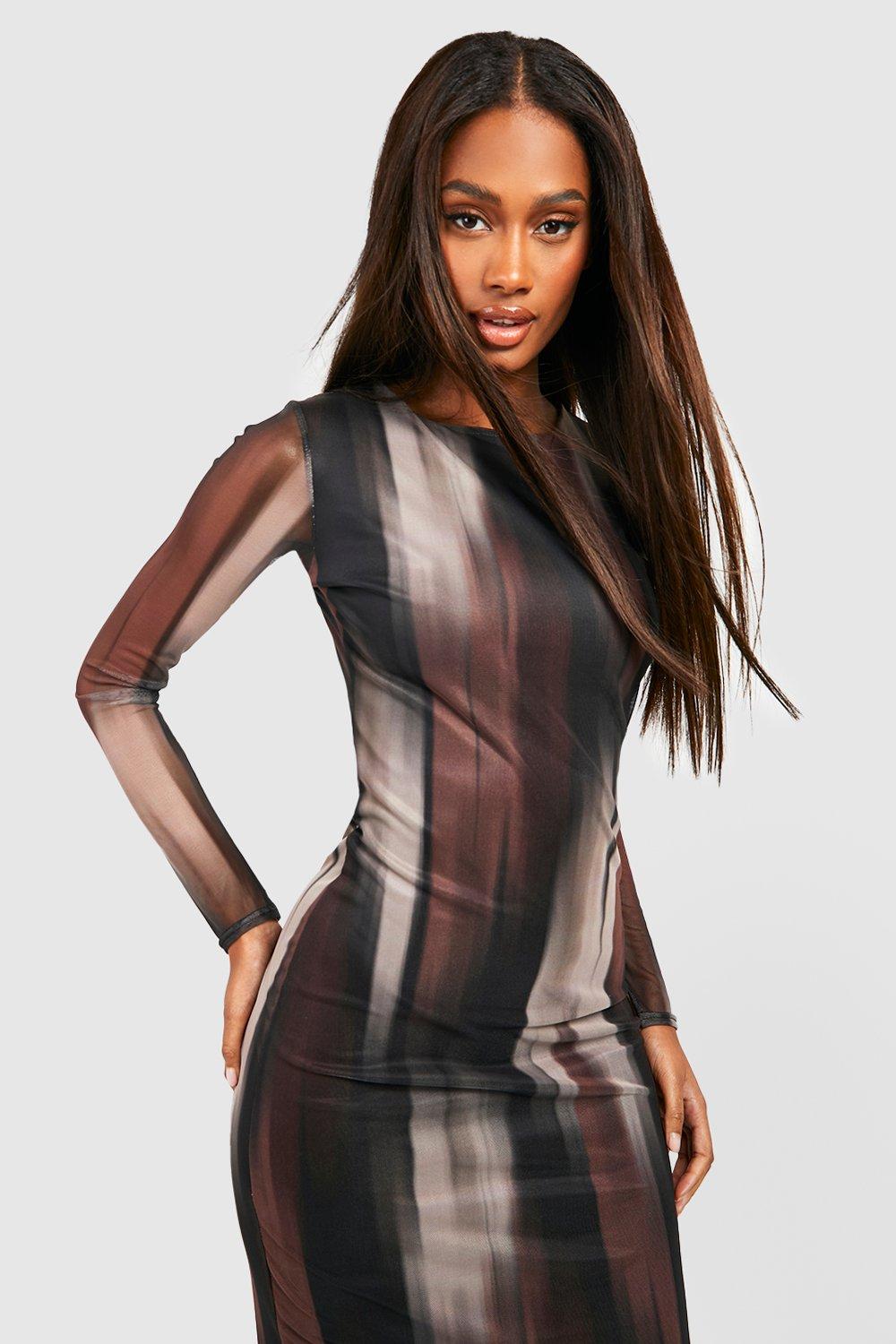 Women's Abstract Mesh Long Sleeve Midaxi Dress