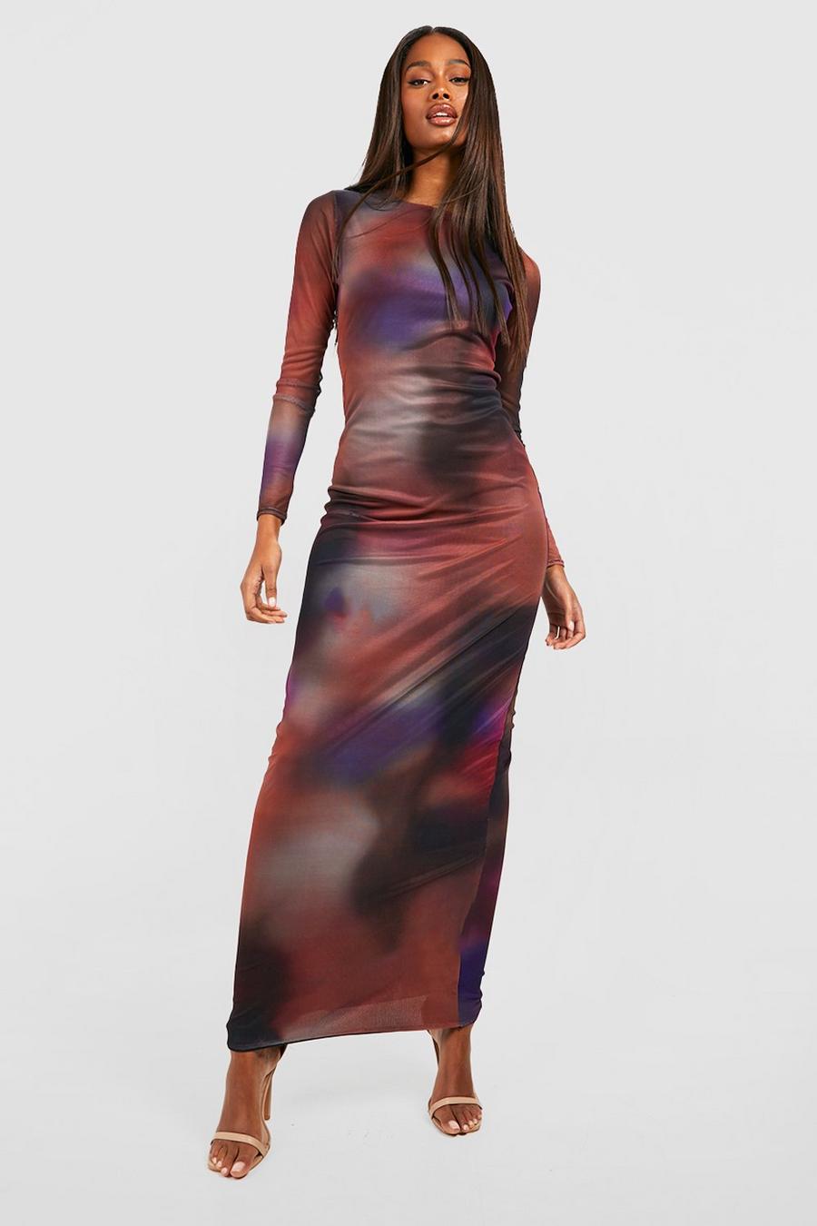 Black Abstract Mesh Long Sleeve Maxi Dress image number 1