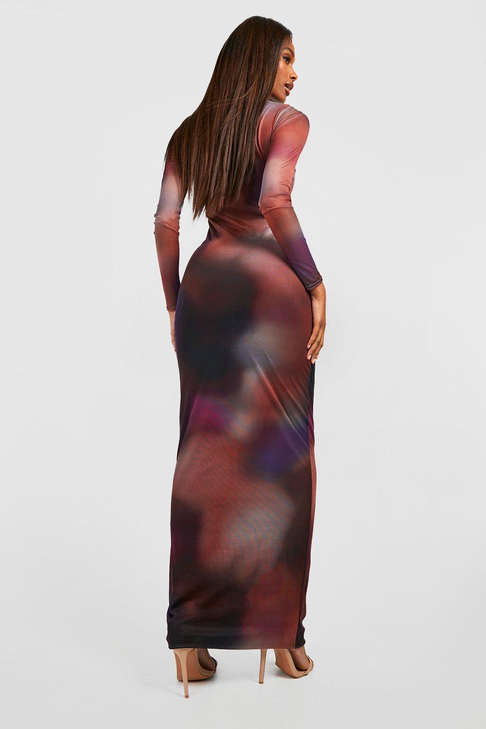 Abstract Mesh Long Sleeve Maxi Dress