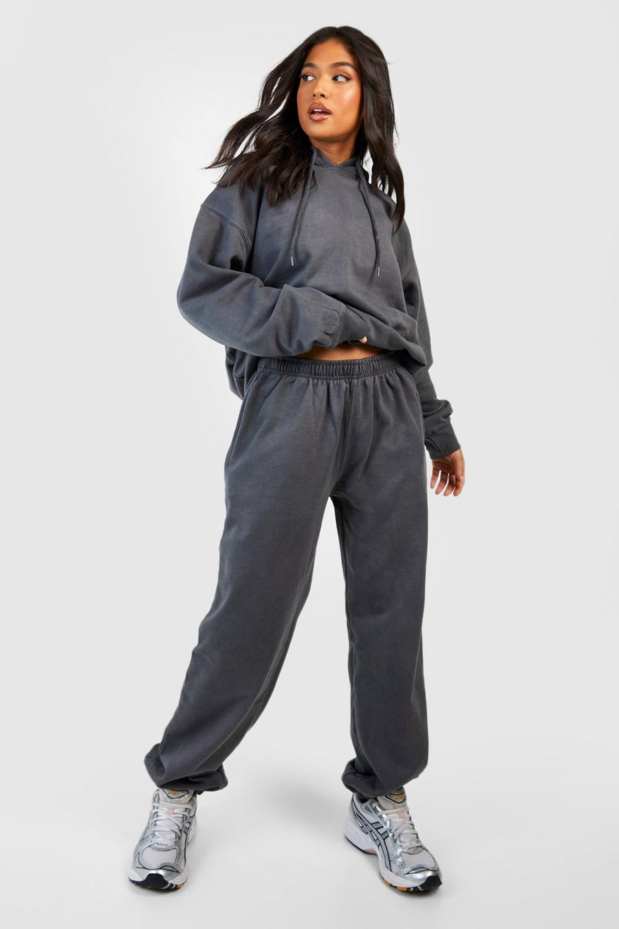 Charcoal gris Petite Acid Wash Hoody And Jogger Tracksuit