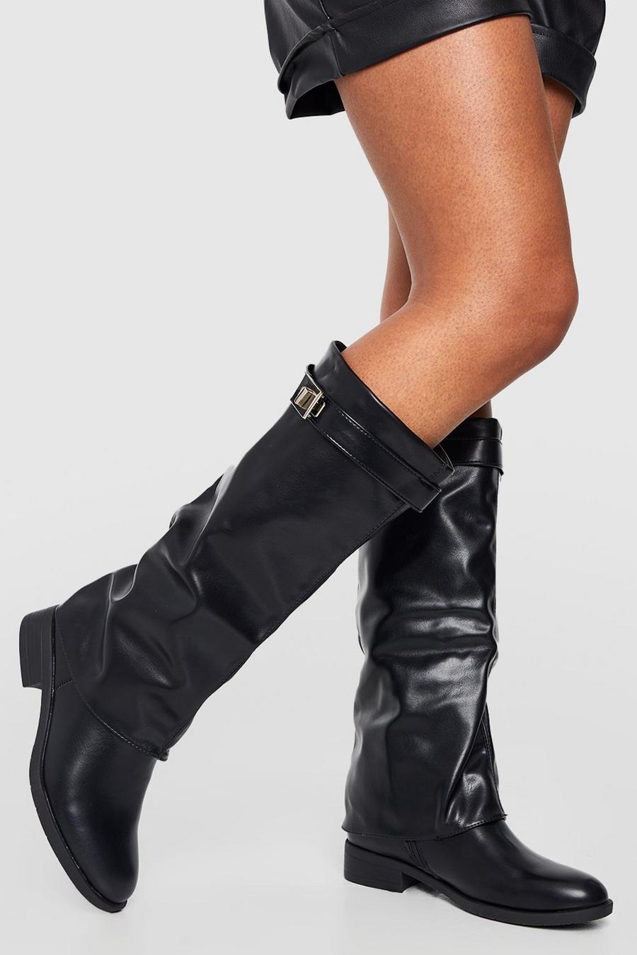 Black Fold Over Metal Detail Knee High Boots