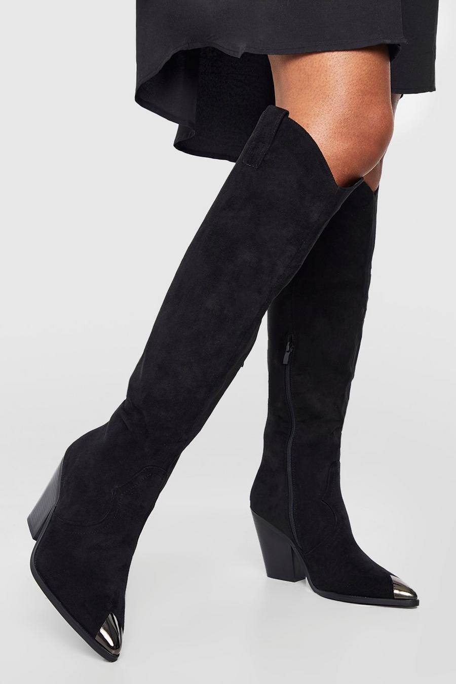 Black Knee High Pull On Western Cowboy Boots 