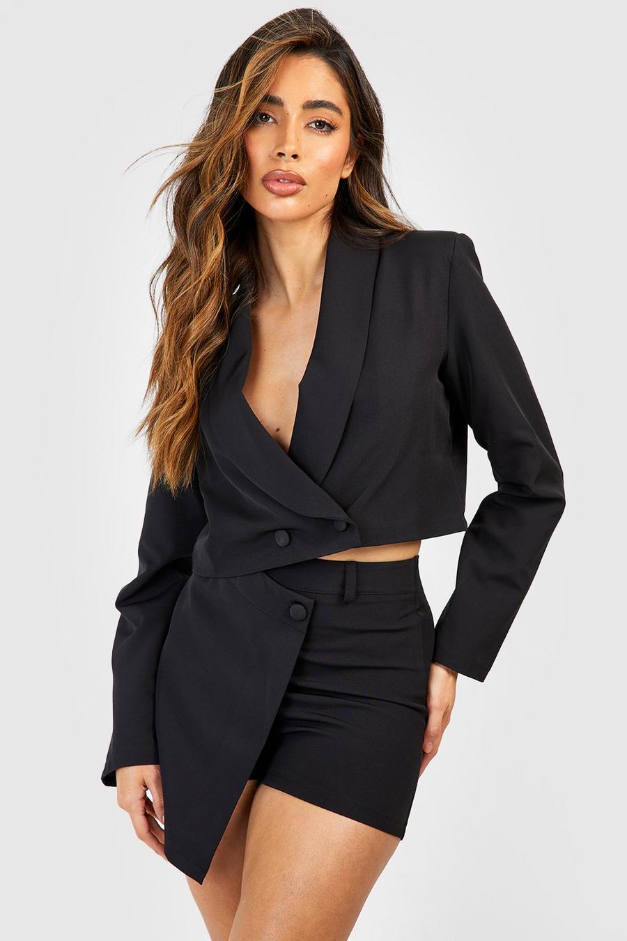 Black Double Breasted Cropped Tailored Blazer image number 1