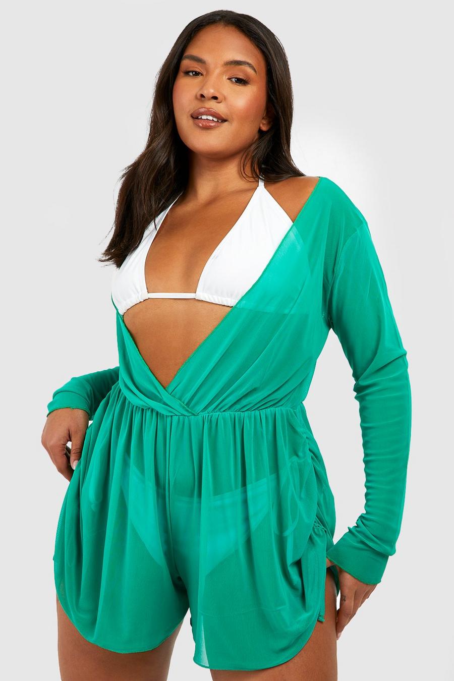 Green Plus Mesh Ruched Detail Beach Romper image number 1