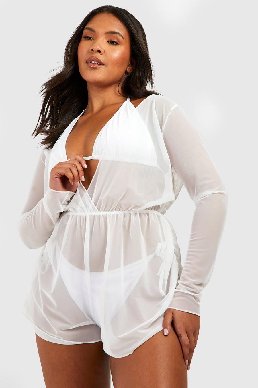 White Plus Mesh Ruched Detail Beach Playsuit image number 1