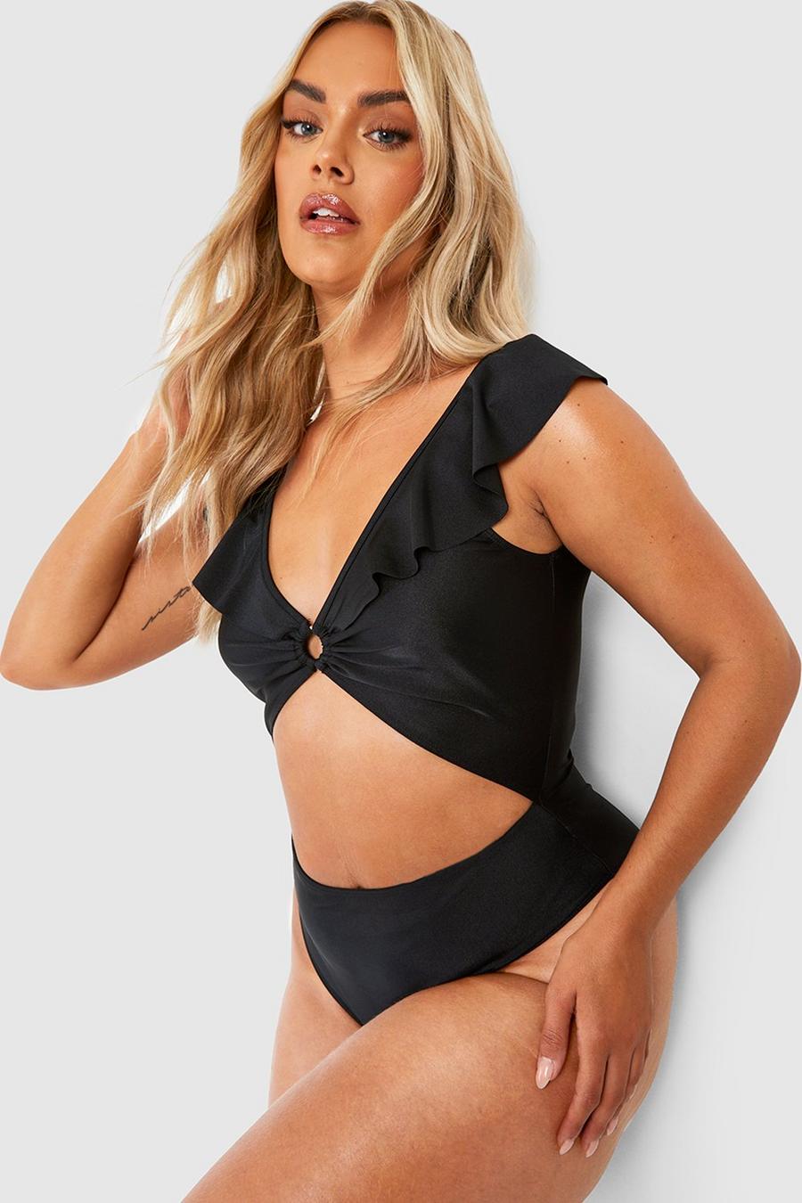 Black Plus Frill Ring Detail Cut Out Swimsuit