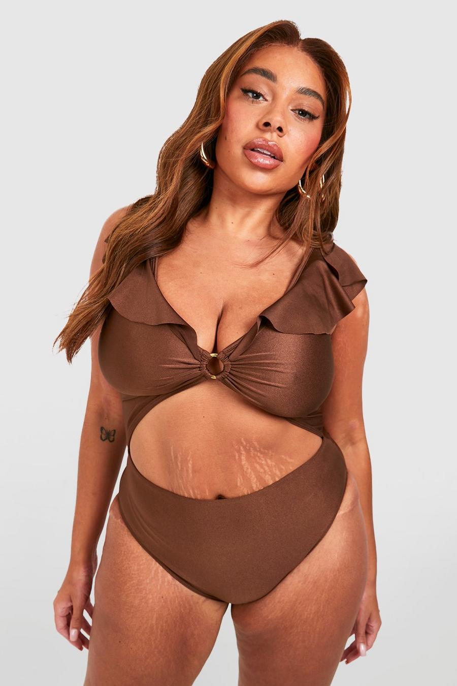 Chocolate Plus Frill Ring Detail Cut Out Swimsuit image number 1