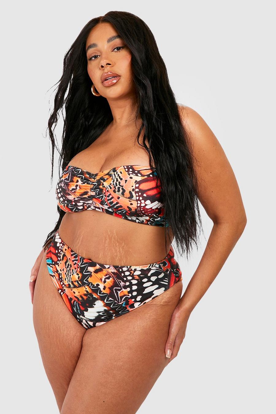 Set bikini Plus Size a fascia con stampa di farfalle, Brown image number 1