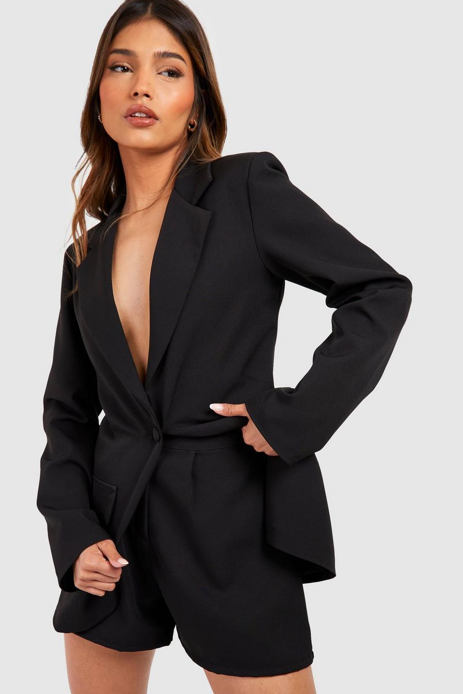 Black Plunge Front Fitted Tailored Blazer image number 1