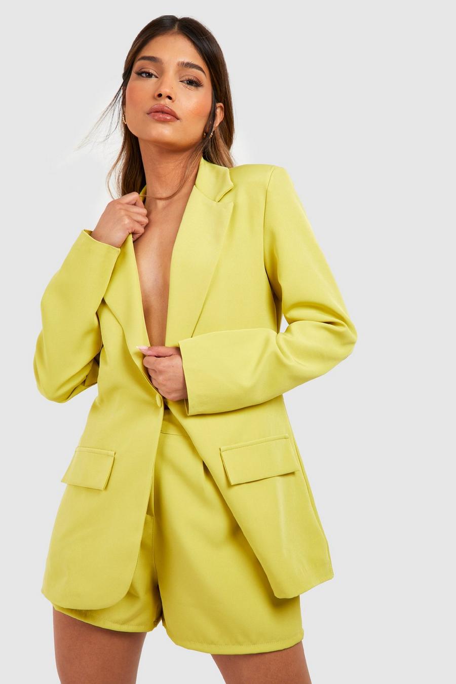 Soft lime yellow Plunge Front Fitted Tailored Blazer
