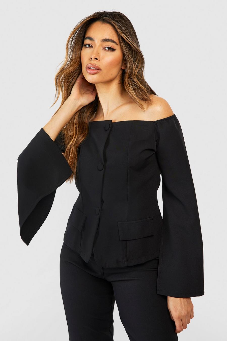 Black noir Button Front Split Sleeve Tailored Bardot