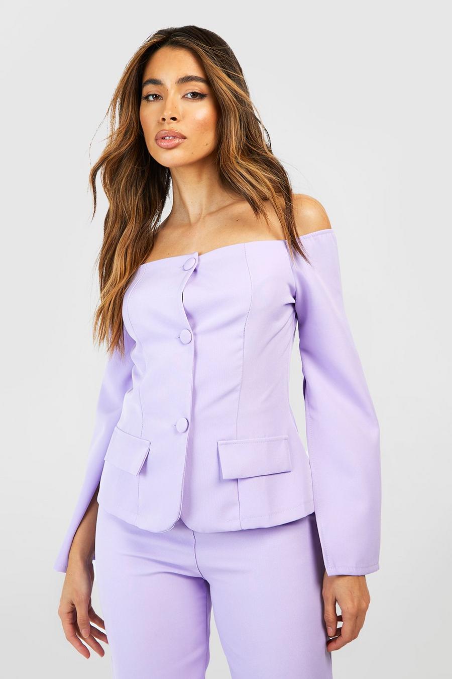 Lilac Button Front Split Sleeve Tailored Bardot image number 1