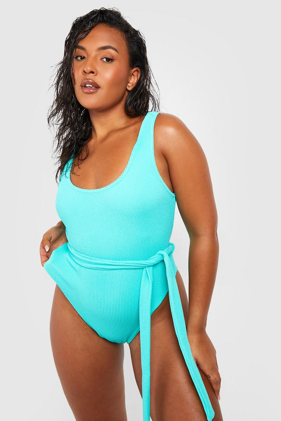 Mint green Plus Crinkle Belted Scoop Neck Swimsuit 