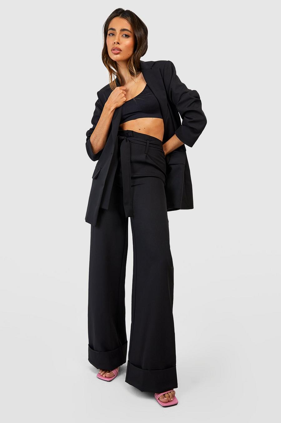 Black Turn Cuff Belted Tailored Wide Leg Pants image number 1