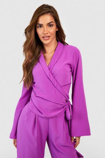 Fluid Wrap Front Tie Waist Blouse magenta