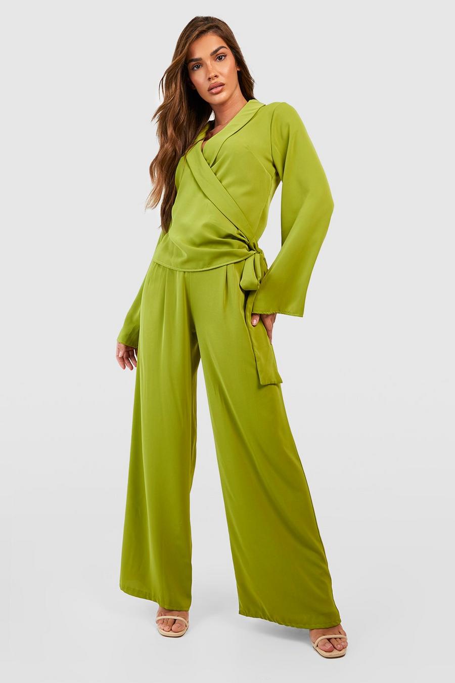 Chartreuse Fluid Pleat Front Floor Sweeping Wide Leg Trousers image number 1