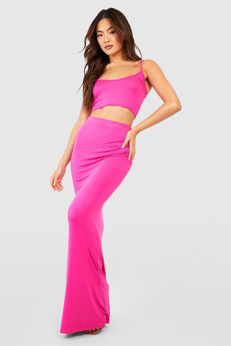 Hot pink Jersey Knit Plunge Bralette & Fluid Maxi Skirt image number 1