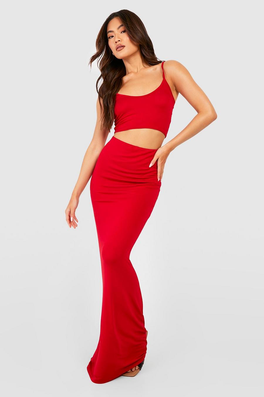 Red Jersey Knit Plunge Bralette & Fluid Maxi Skirt
