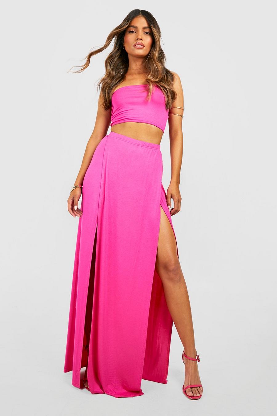 Hot pink Jersey Knit Bandeau & Thigh Split Maxi Skirt image number 1