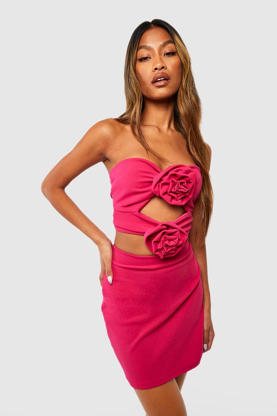 Corsage Detail Cut Work Top & Mini Skirt, Hot pink rosa