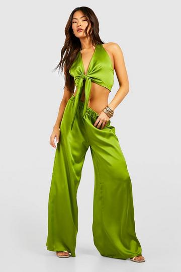 Satin Knot Front Halter Crop & Wide Leg Trousers chartreuse