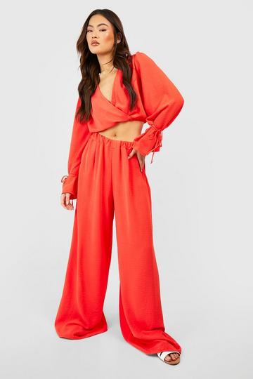 Red Hammered Pleat Front Floor Sweeping Trousers