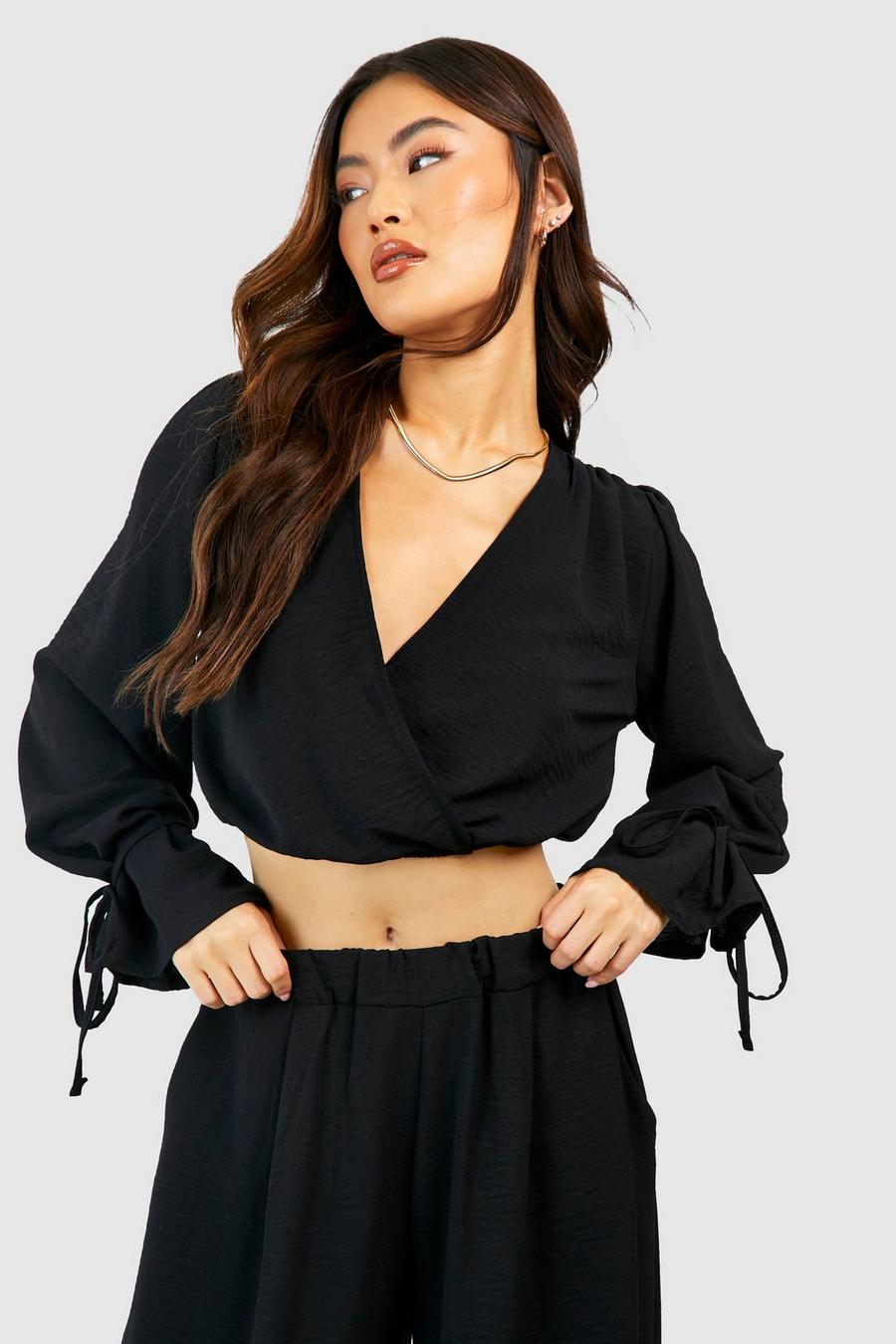 Black Hammered Tie Cuff Wrap Front Blouse
