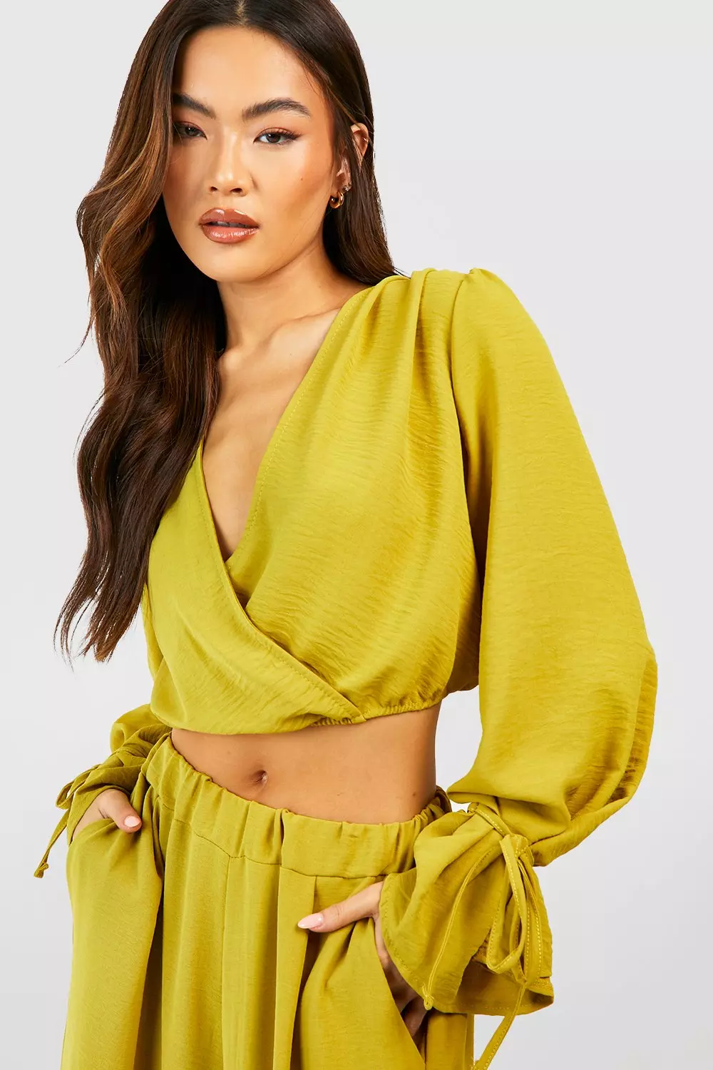 Chartreuse Hammered Tie Cuff Wrap Front Blouse alternative image