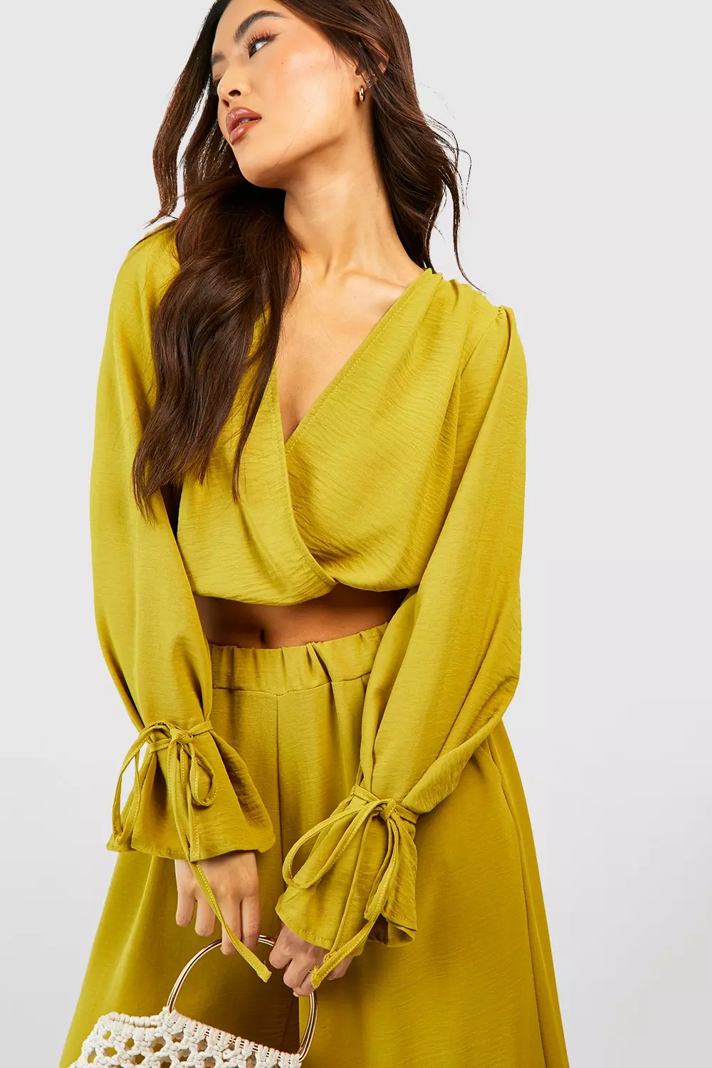 Chartreuse Hammered Tie Cuff Wrap Front Blouse alternative image