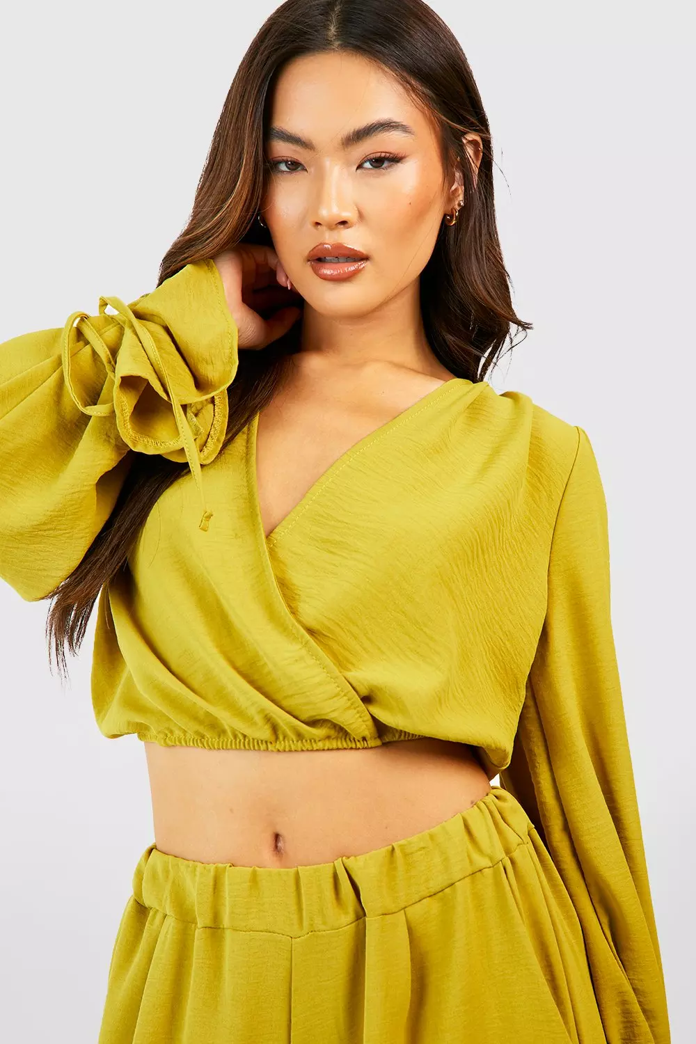 Chartreuse Hammered Tie Cuff Wrap Front Blouse alternative image