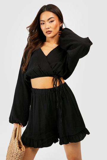 Crinkle Wrap Front Blouse & Ruffle Hem Shorts black