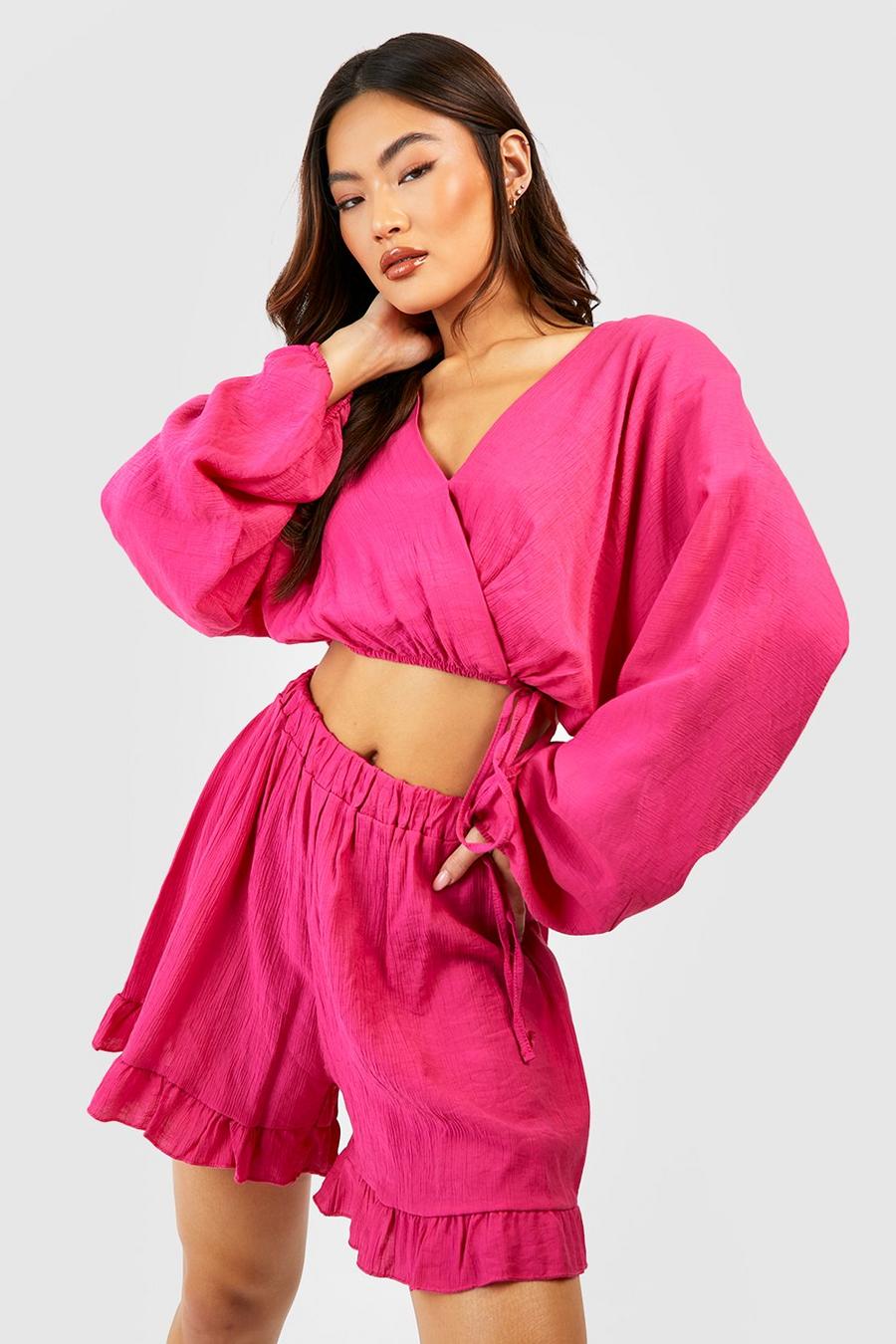 Hot pink Crinkle Wrap Front Blouse & Ruffle Hem Shorts  image number 1