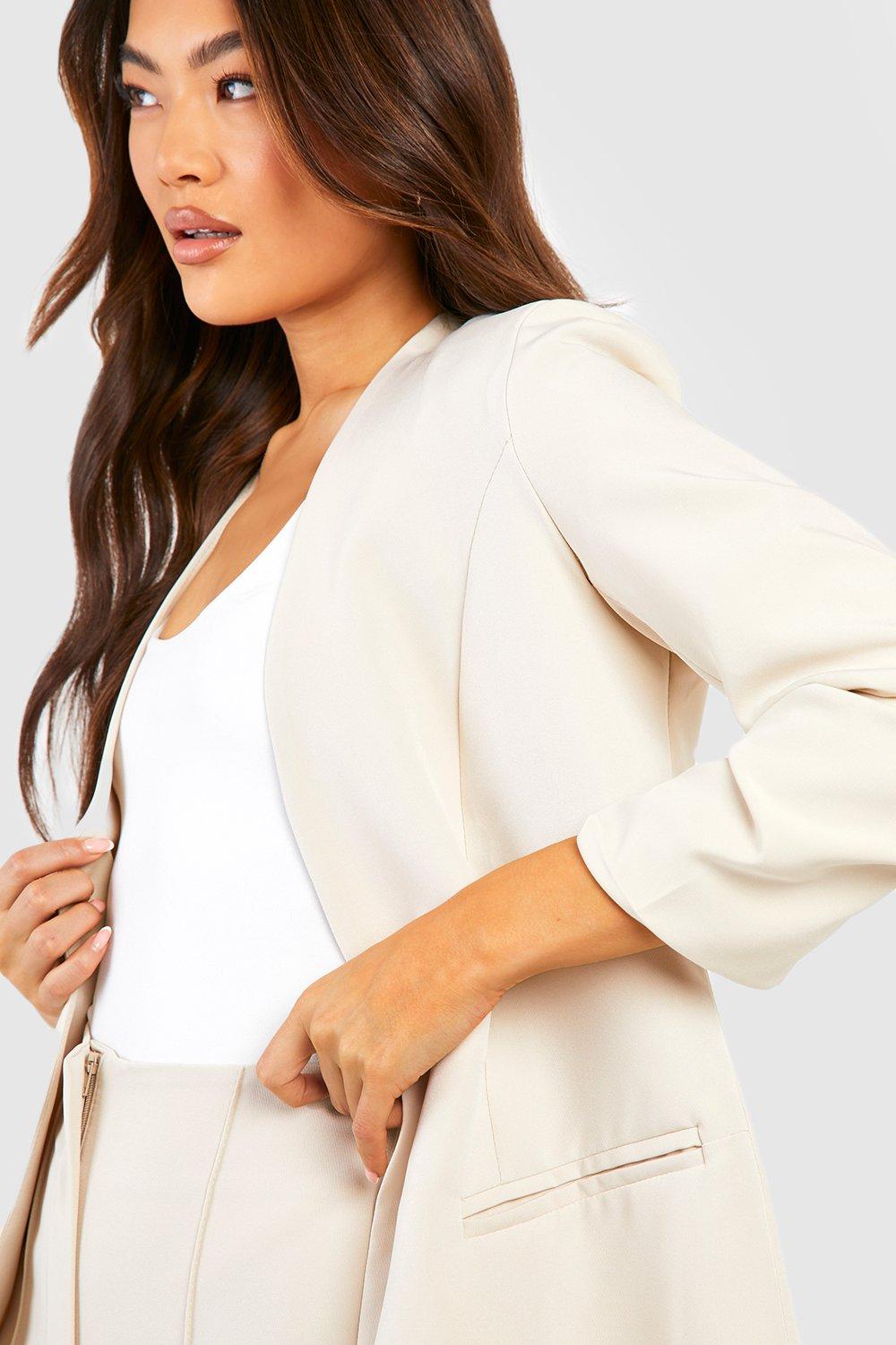 Collarless Plunge Front Ruched Sleeve Blazer boohoo USA