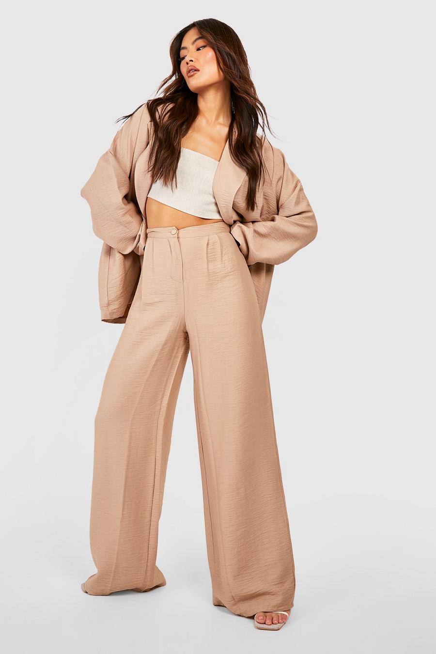 Camel Textured Pleat Front Wide Leg Pants image number 1