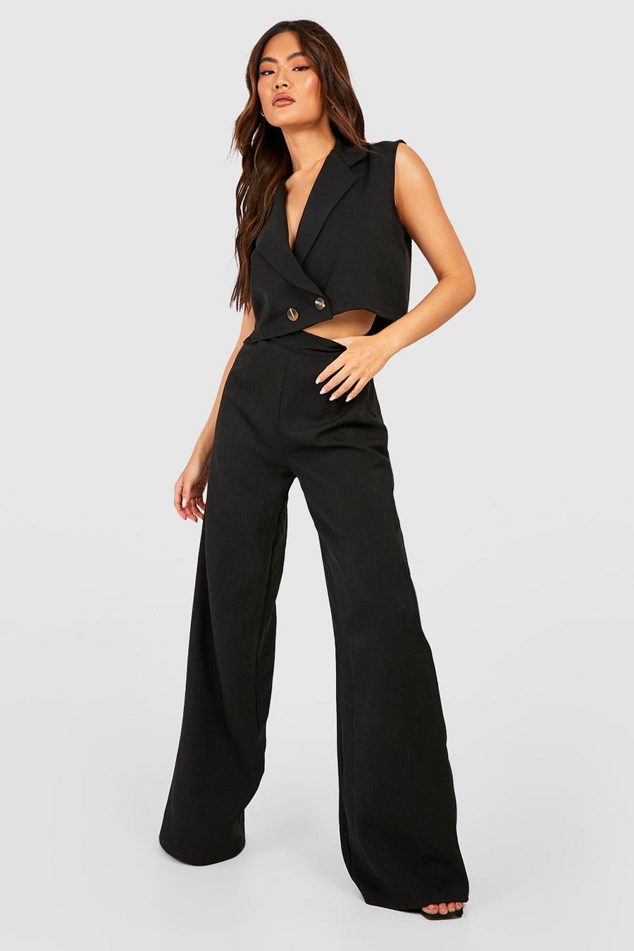 Black Textured Wide Leg Tailored Pants image number 1