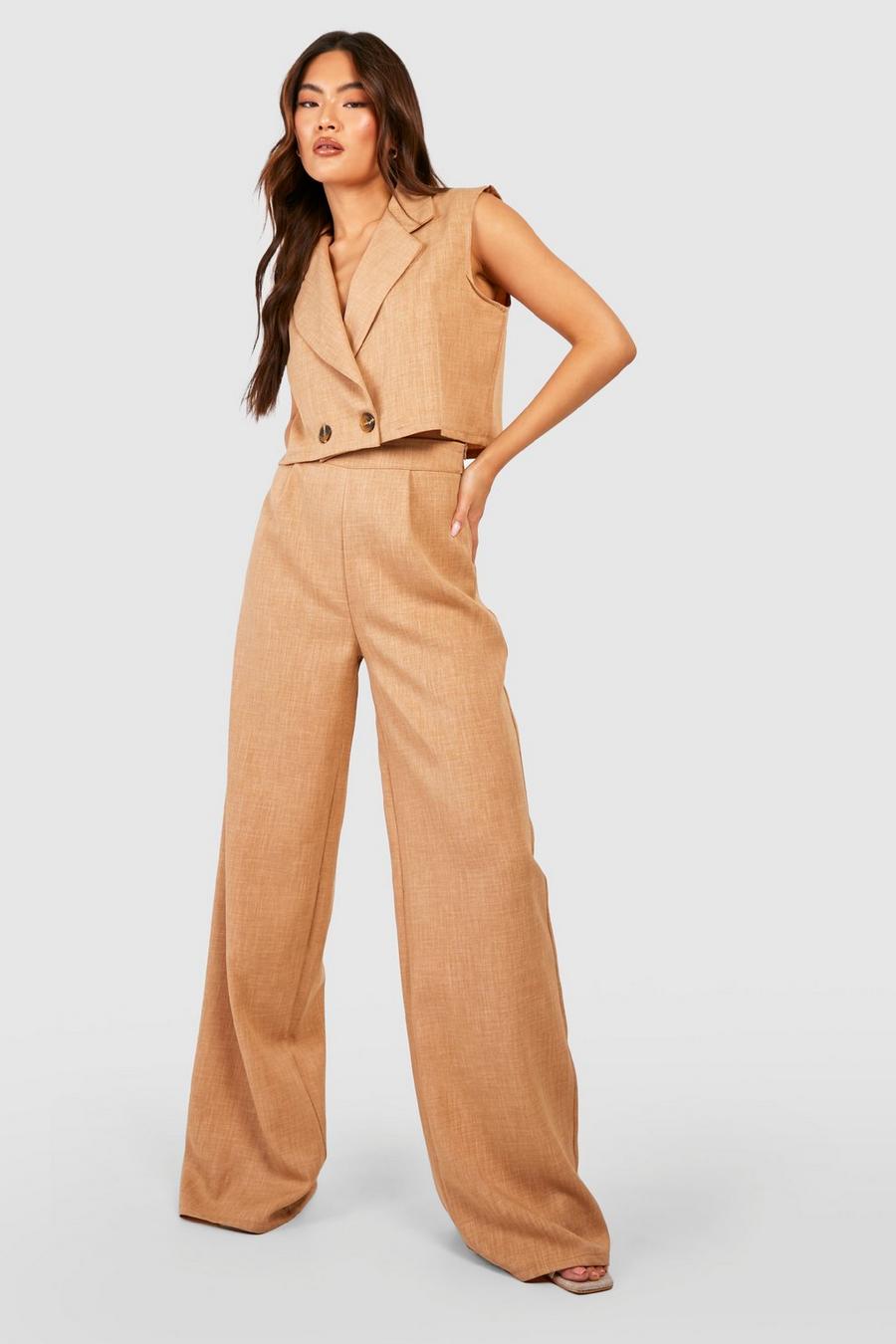 Camel beige Textured Wide Leg Tailored Trousers image number 1