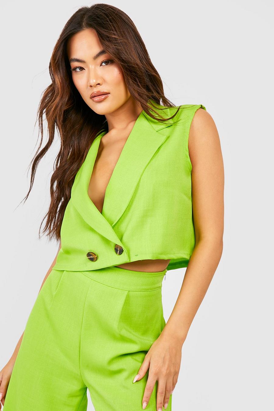 Olive green Textured Boxy Cropped Sleeveless Blazer