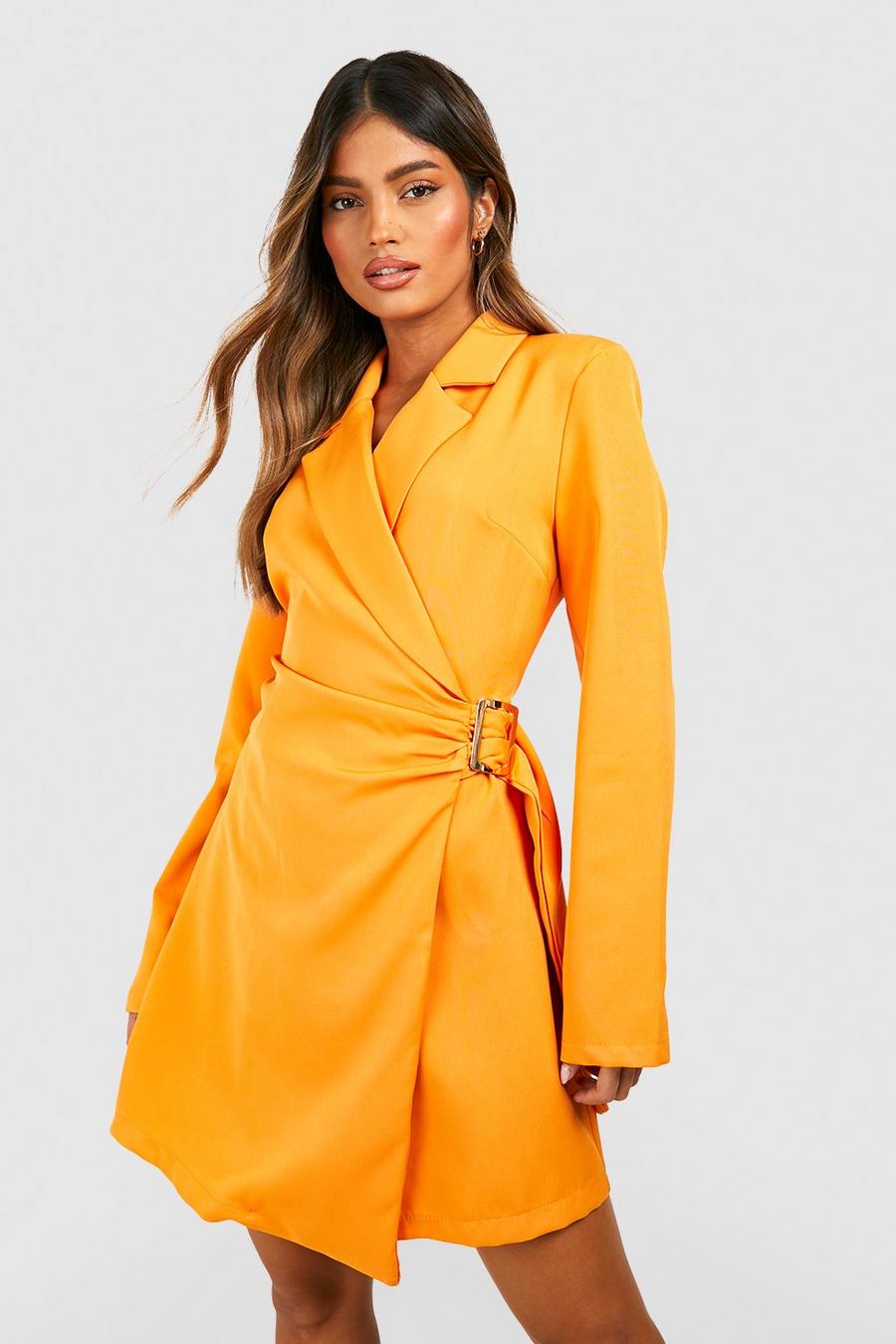 Orange Wrap Front Buckle Detail Blazer Dress