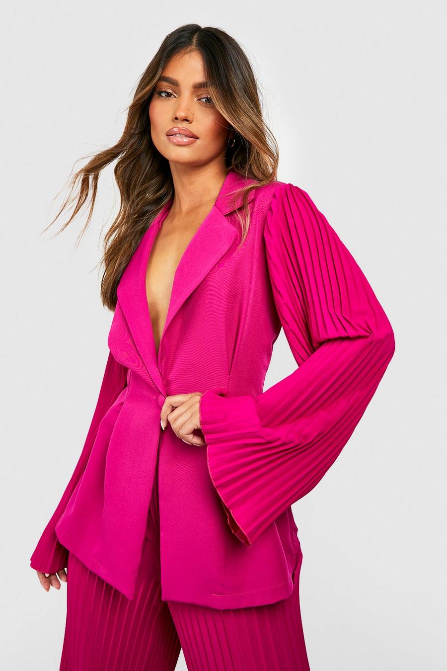 Magenta pink Pleated Flared Sleeve Tailored Blazer